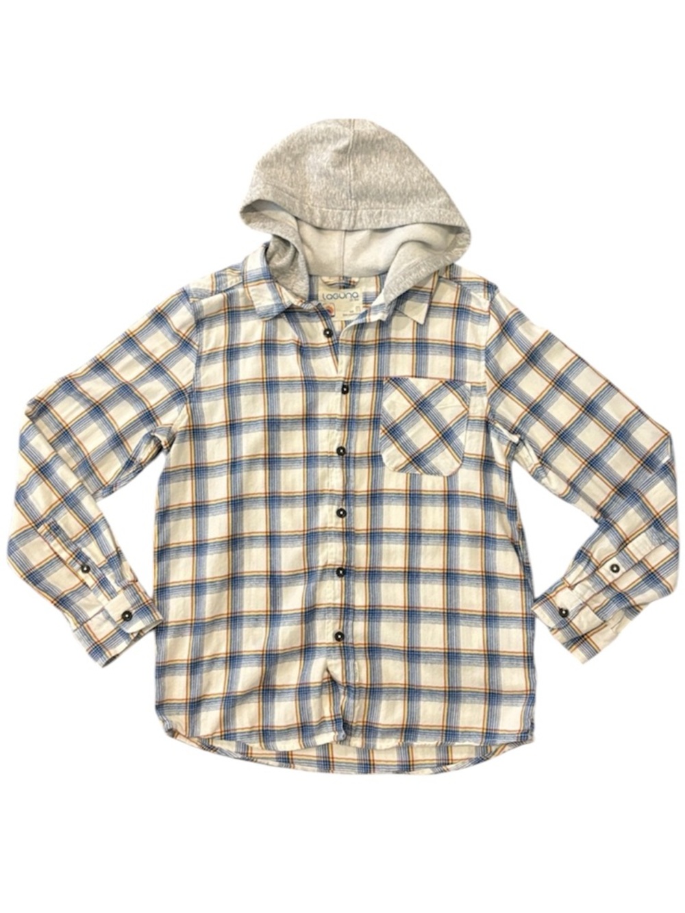 Plaid Fleece Button-Up Shirt with Hood - Laguna - Medium - New Condition!!